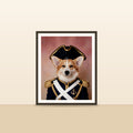 L'Amiral — portrait d'animal sur-mesure encadre, pose contre un mur
