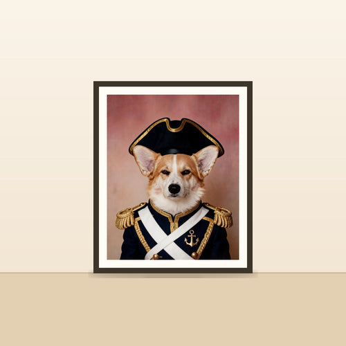 L'Amiral — portrait d'animal sur-mesure encadre, pose contre un mur