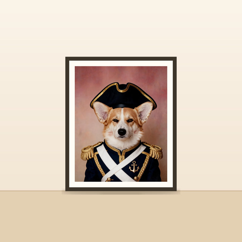L'Amiral — portrait d'animal sur-mesure encadre, pose contre un mur
