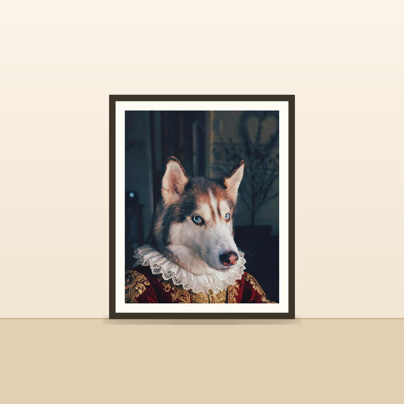 Le Portrait d'Apparat — portrait d'animal sur-mesure encadre, pose contre un mur