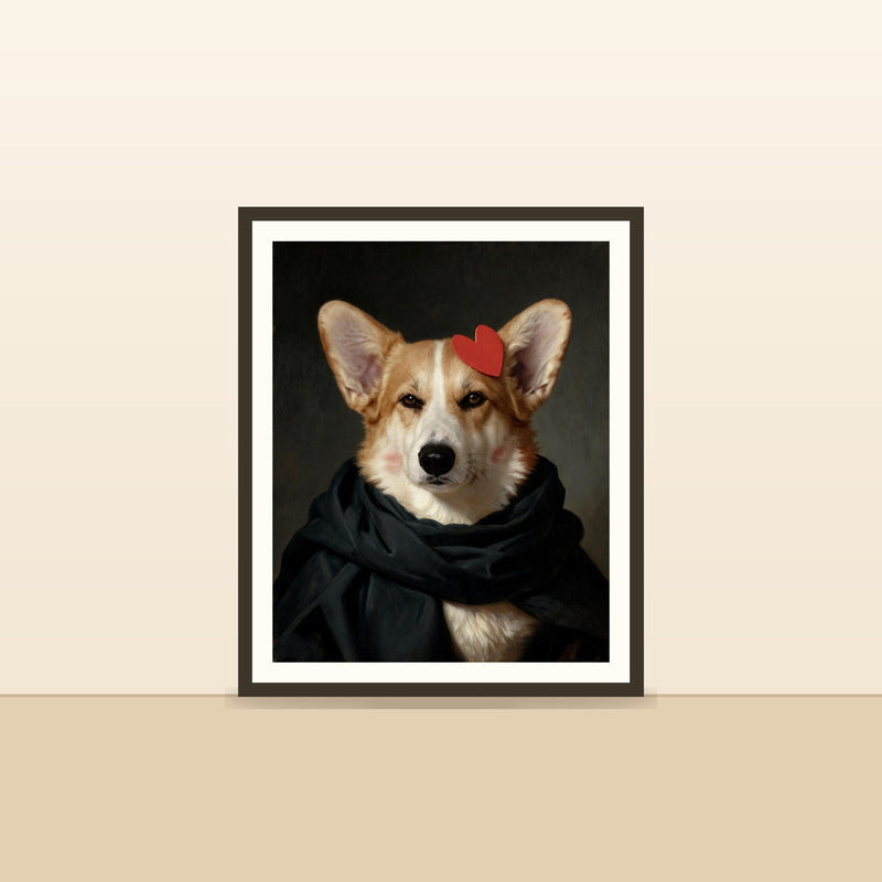 Le Portrait d'Atelier — portrait d'animal sur-mesure encadre, pose contre un mur