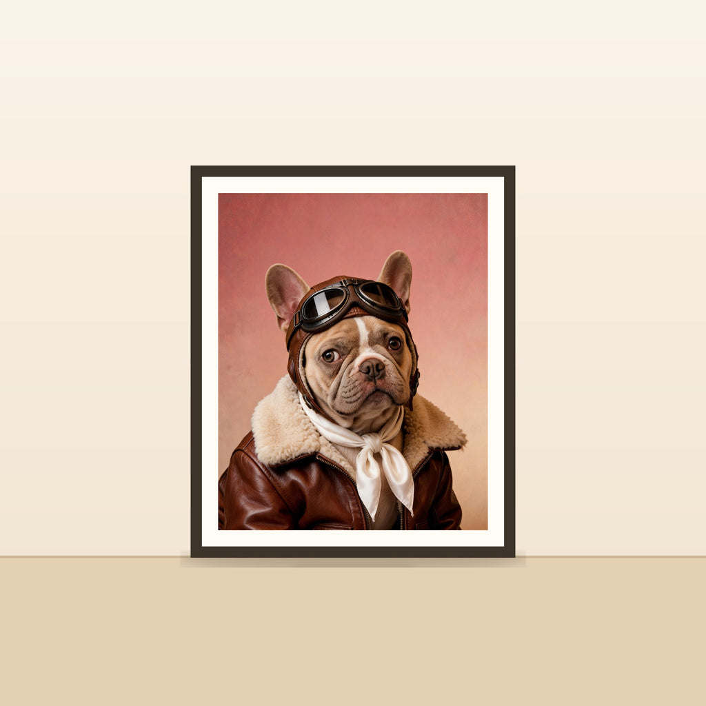 L'Aviateur — portrait d'animal sur-mesure encadre, pose contre un mur