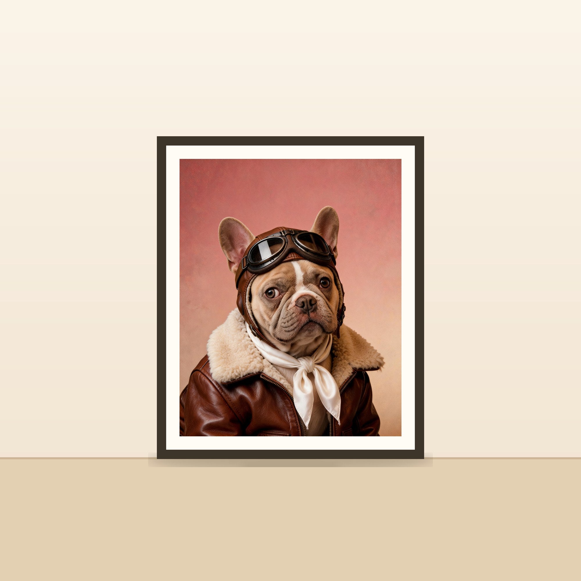 L'Aviateur — portrait d'animal sur-mesure encadre, pose contre un mur