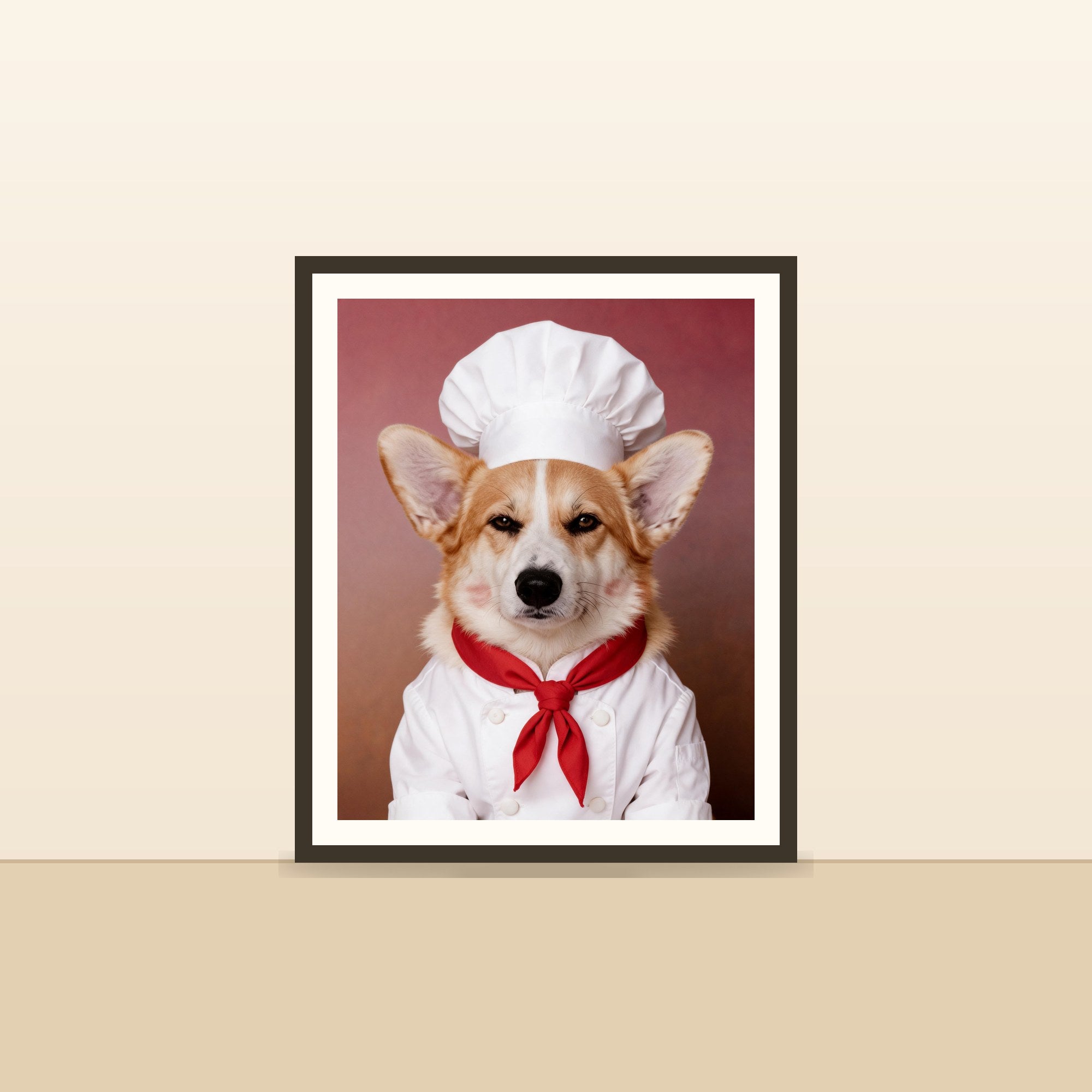 Le Chef — portrait d'animal sur-mesure encadre, pose contre un mur