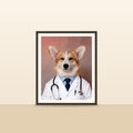 Le Docteur — portrait d'animal sur-mesure encadre, pose contre un mur