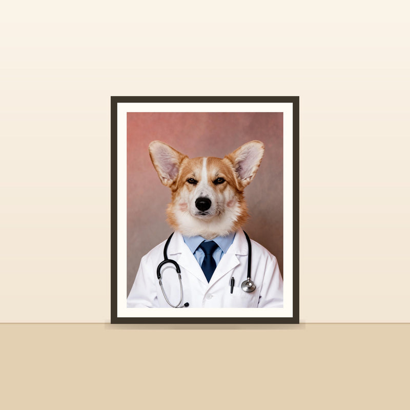 Le Docteur — portrait d'animal sur-mesure encadre, pose contre un mur