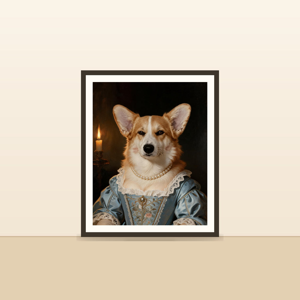 La Duchesse — portrait d'animal sur-mesure encadre, pose contre un mur