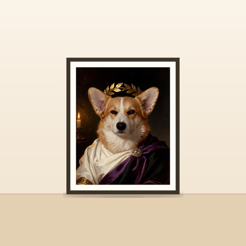 L'Empereur — portrait d'animal sur-mesure encadre, pose contre un mur