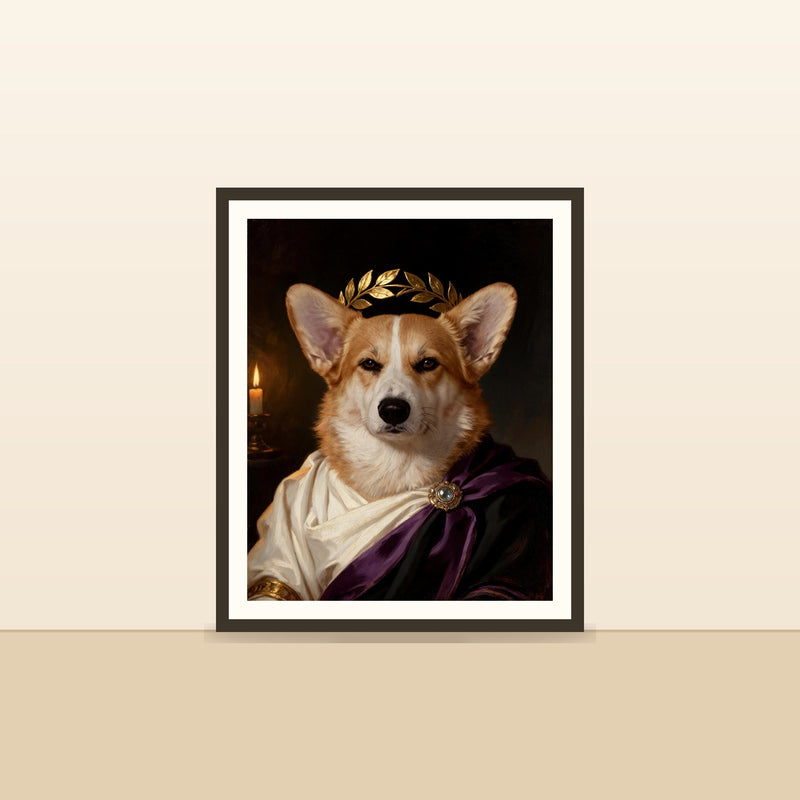 L'Empereur — portrait d'animal sur-mesure encadre, pose contre un mur