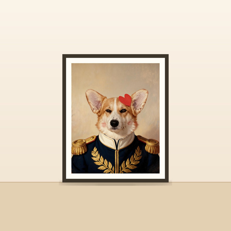 L'Officier — portrait d'animal sur-mesure encadre, pose contre un mur