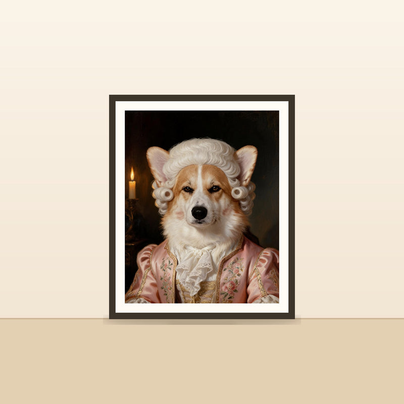 Le Rococo — portrait d'animal sur-mesure encadre, pose contre un mur