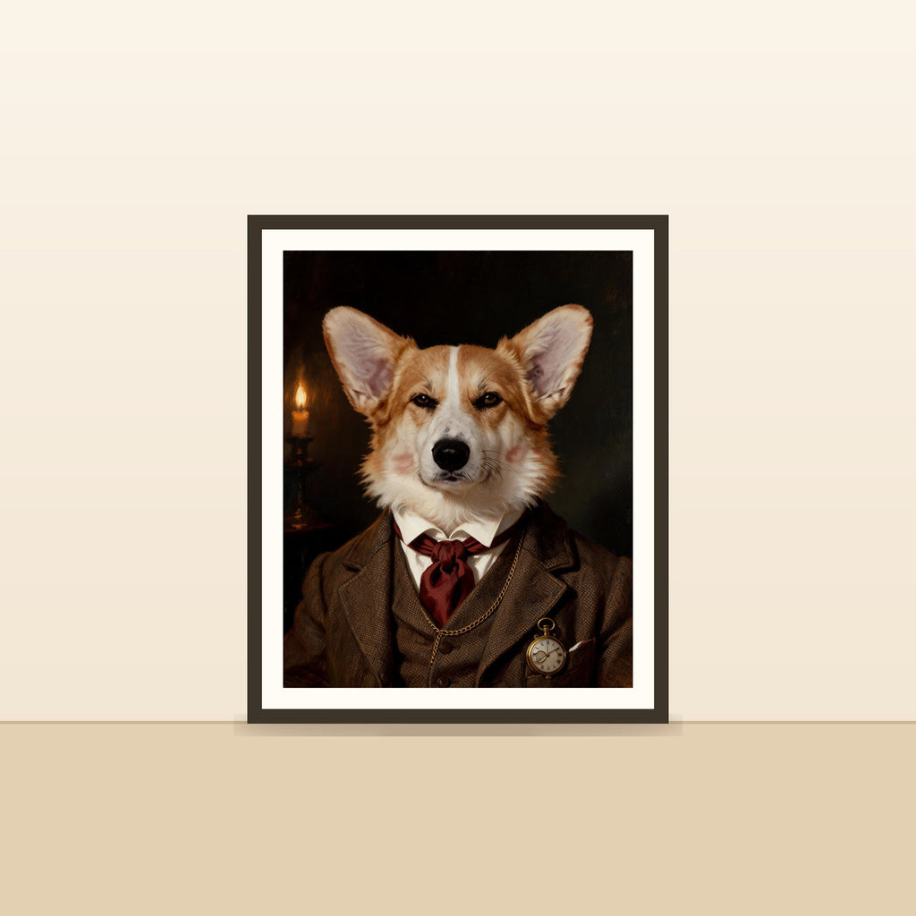 Le Victorien — portrait d'animal sur-mesure encadre, pose contre un mur