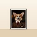 Le Victorien — portrait d'animal sur-mesure encadre, pose contre un mur