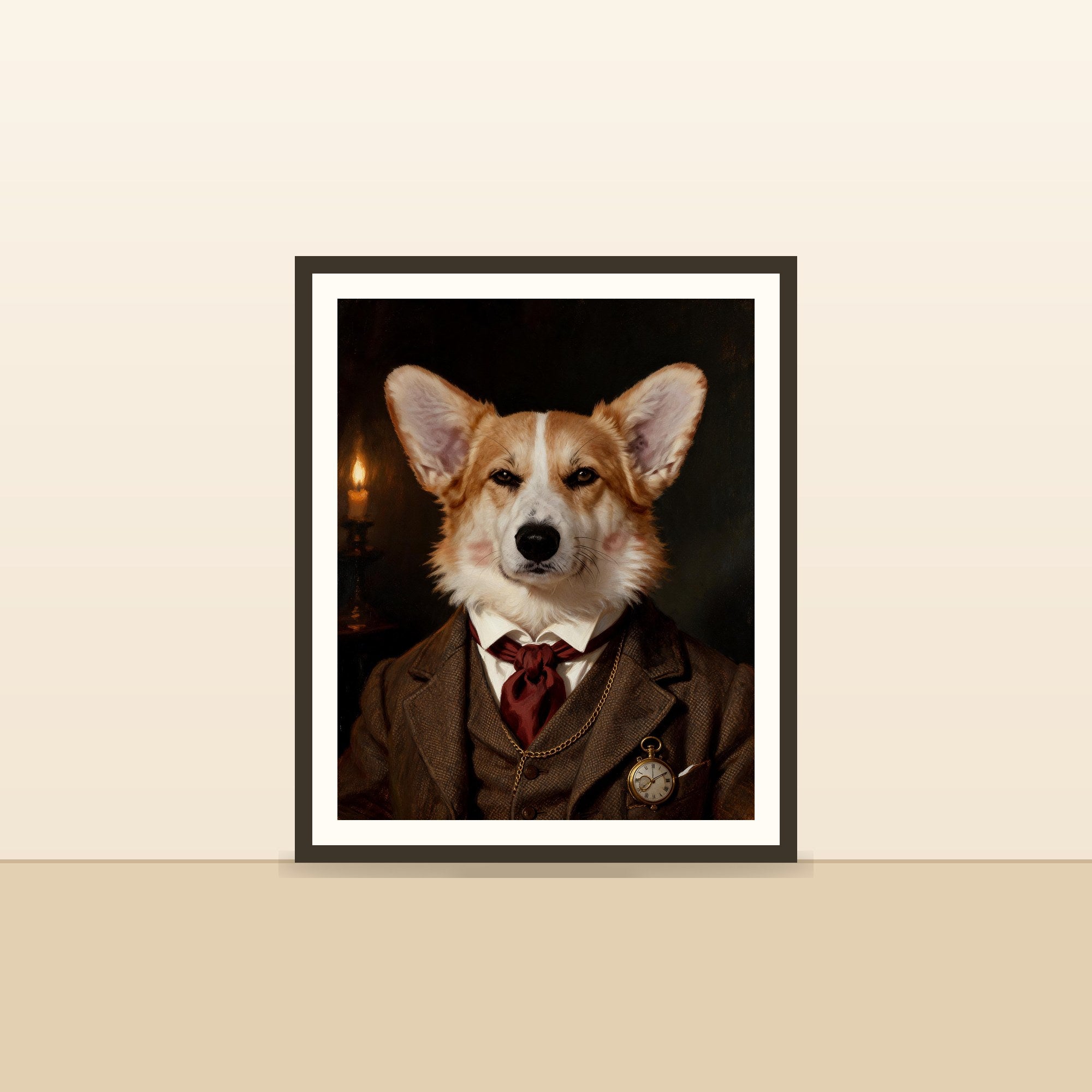 Le Victorien — portrait d'animal sur-mesure encadre, pose contre un mur